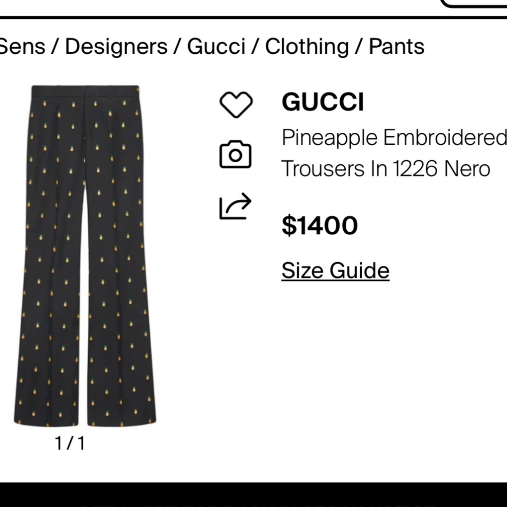 Gucci Black Trousers with Gold Pineapple Embroidery